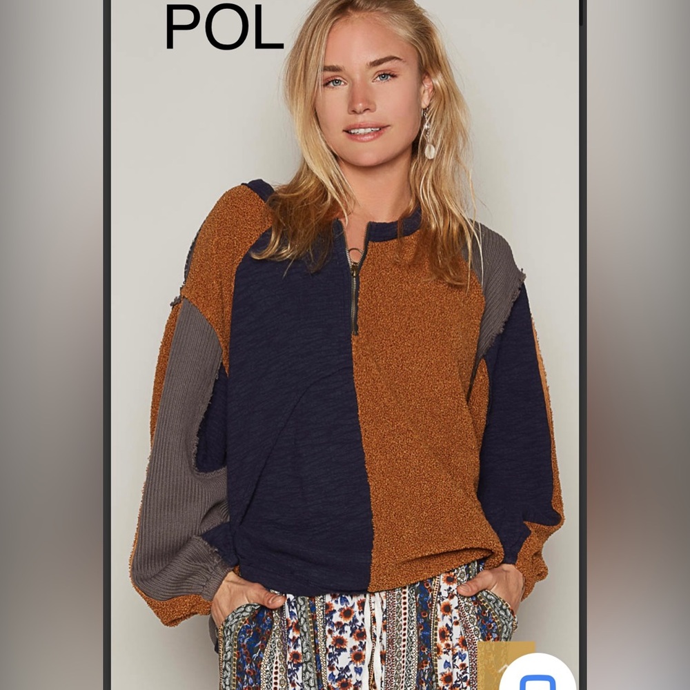 BP30🤎💙NEW! POL playful zip top brown+dark navy top w/cutout details! Match2pants - Picture 2 of 7